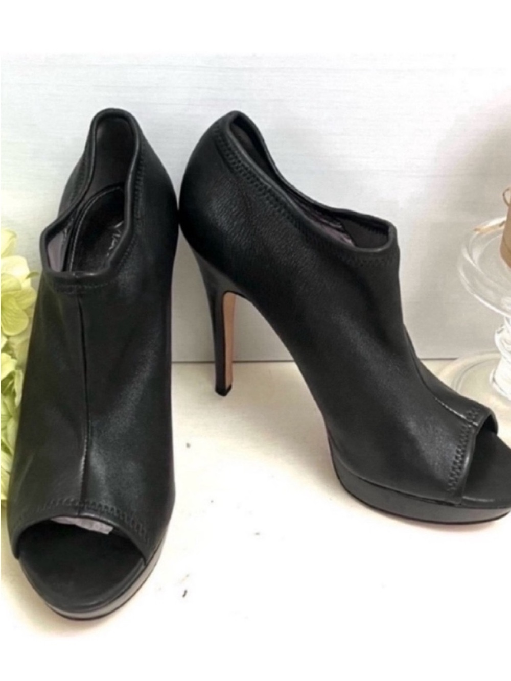 Via Spiga Black Leather Peep-Toe Stiletto Booties Size 8